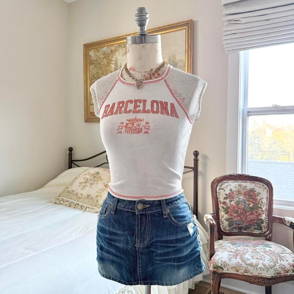 RSQ White Crop Tank Top with Pink Barcelona Graphic
